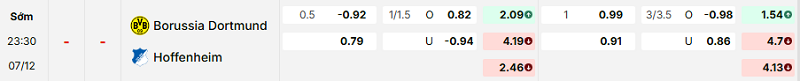 Bảng kèo mới nhất trận Dortmund vs Hoffenheim