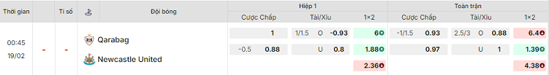 Bảng kèo mới nhất trận Qarabag vs Newcastle